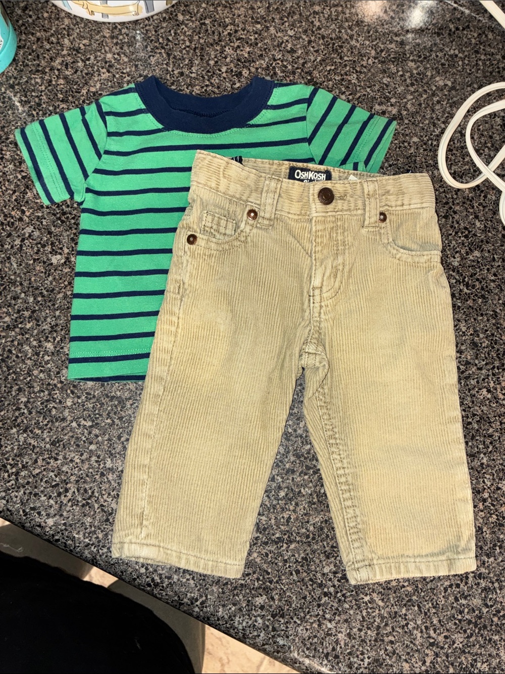 OshKosh B'gosh Green & Navy Striped Tee with Tan Corduroy Pants